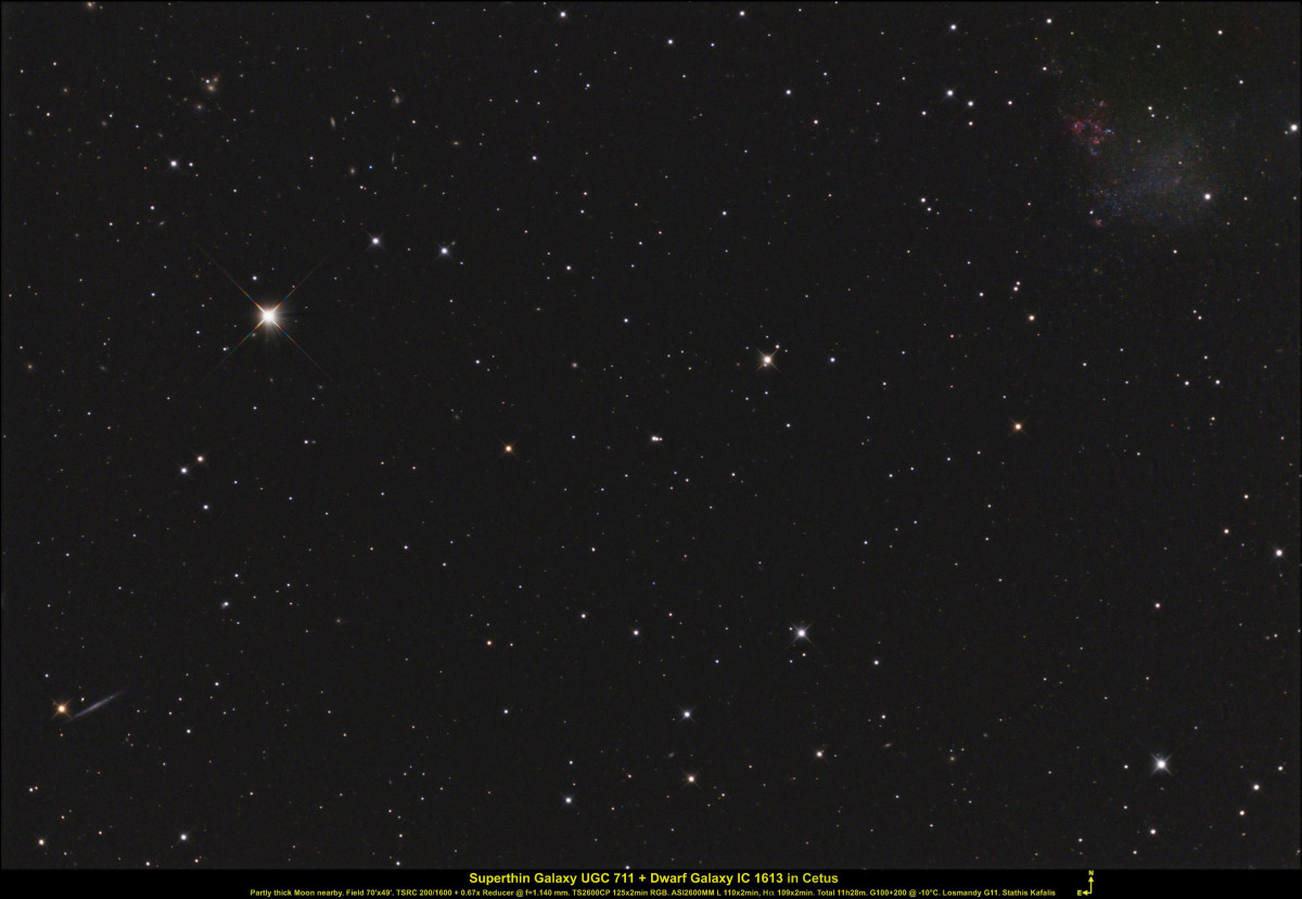 Superthin Galaxie UGC 711 + Zwerggalaxie IC 1613 im Cetus