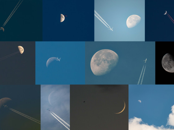 Collage 2023 "Flugzeug kreuzt Mond oder auch knapp dran vorbei"