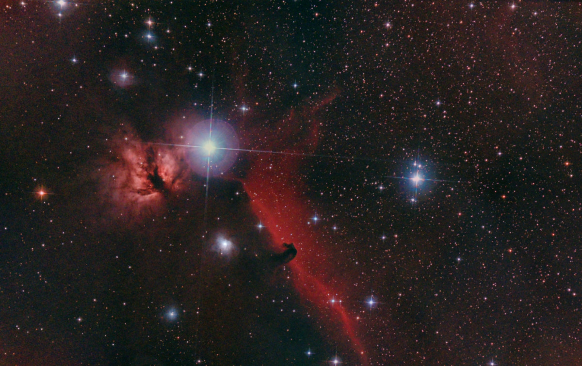 NGC 2024 + B33 Region mit 6" Newton bei f/3 unter bortle 8 Himmel, Canon 77da: 96x30 sec mit dem Optolong l-pro Breitband-Filter vom 08.01.24