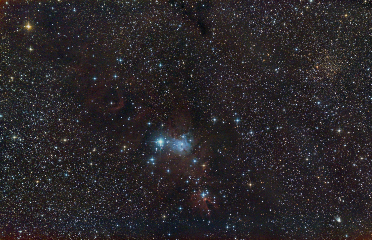 NGC 2264, Konus-Nebel, Trumpler 5 rechts oben, NGC 2261 rechts unten mit 6" Newton bei f/3 unter bortle 8 Himmel, Canon 77da: 148x30 sec mit dem Optolong l-pro Breitband-Filter vom 09.01.24