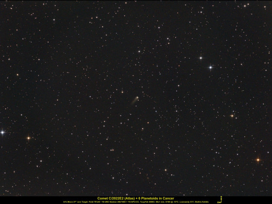 Komet C/2022 E2 (ATLAS) + 6 Planetoiden nahe M44 im Krebs