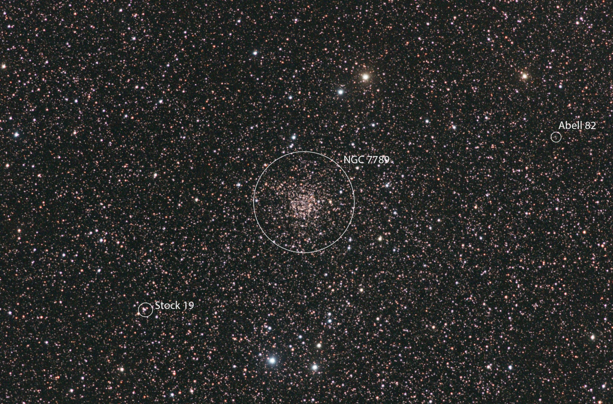 NGC 7789 (und Stock 19 sowie Abell 82)