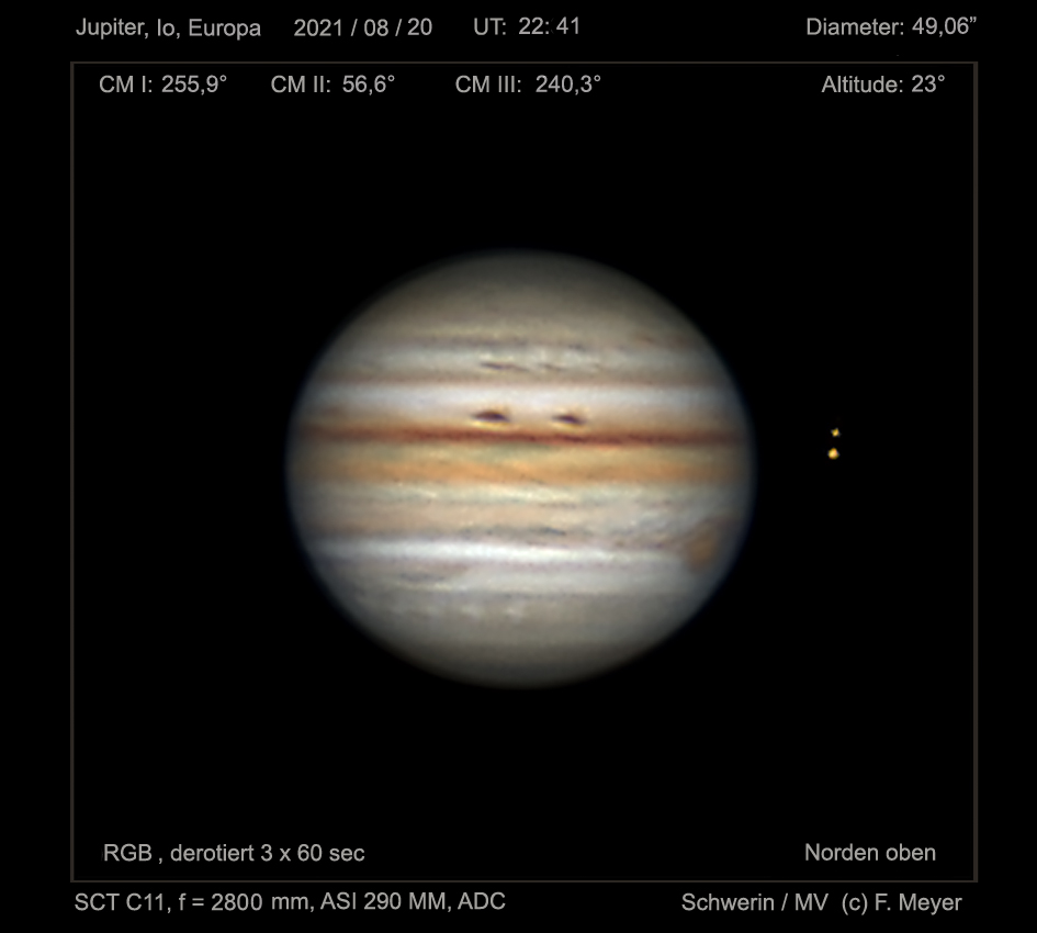 Jupiter, Io und Europa in der Nacht vom 20. zum 21.08.2021