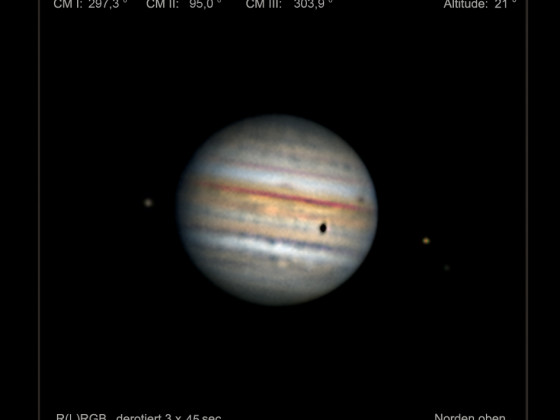 Jupiter, Ganymed, Kallisto und Io mit Schattenwurf am 23.11.2021