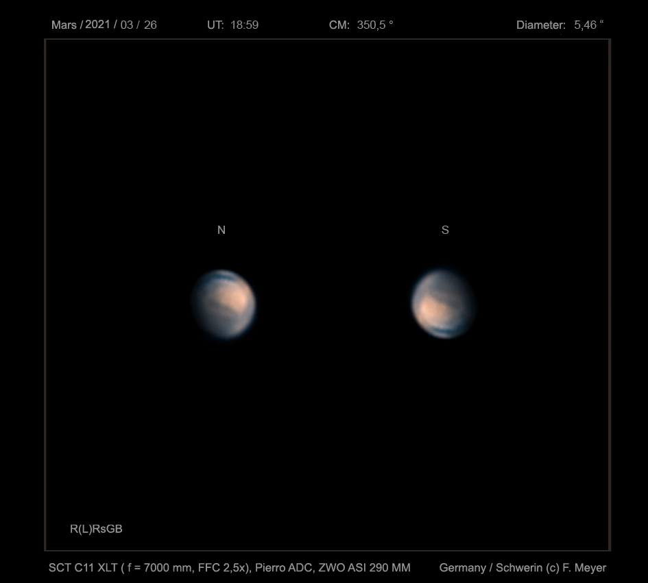 Mars mit 5,46 " Durchmesser am 26.03.2021
