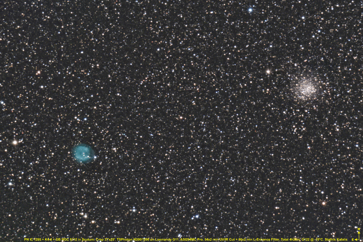 Planetaries IC 1295 + K4-8 + Kugelhaufen NGC 6712 im Schild