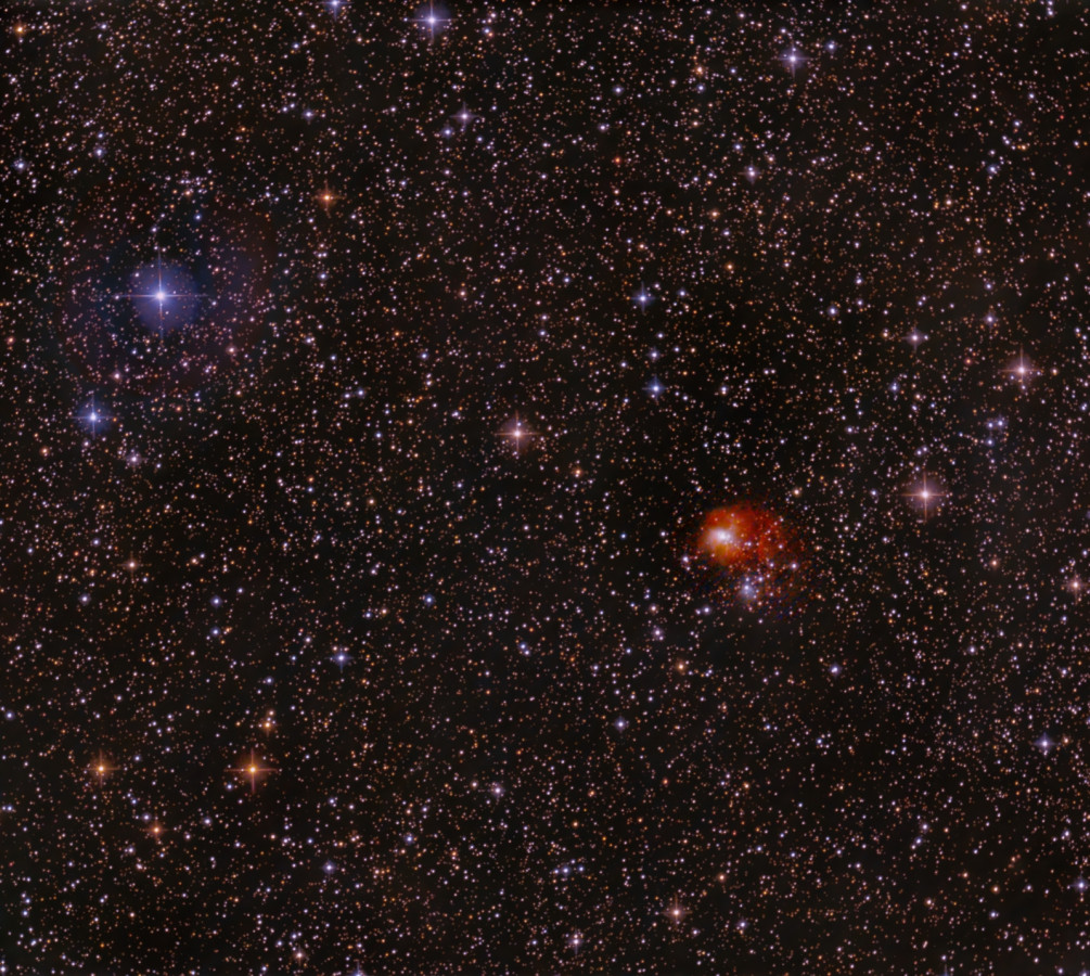Emissions- u. Reflexionsnebel NGC 1931 von 2019: neu bearbeitet; 8" f/4 Newton, Canon 77da; 350x32 sec; 3/4 des vollen Feldes; Rest: Koma (KK nicht zentral im OAZ)