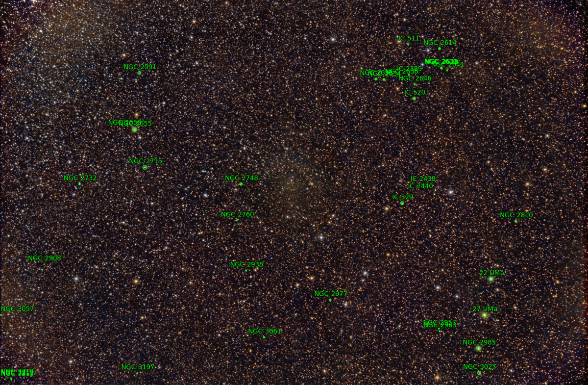 seltenes Weitfeld 135 mm, weit außerhalb der Milchstr. (trotz der erstaunl. vielen Sterne!): Giraffe/Großer Bär Bereich, nur winzige Galaxien; 79x2 min ; Rest v.m NGC 2633/34 Projekt vom März 2020; N = links