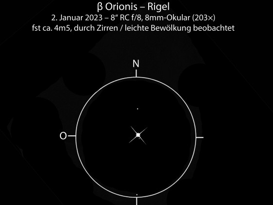 Rigel A und B/C (Beta Orionis) und zwei Feldsterne