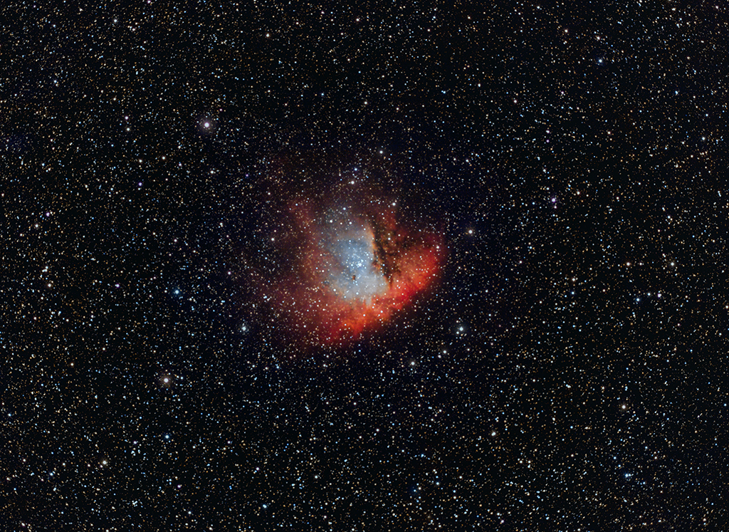 NGC281 Pacman-Nebel RGB/Schmalband (Hα/OIII) mit OC IC1590 - Neubearbeitung vom 12.02.2023