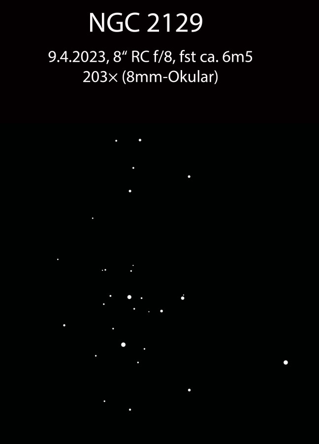 NGC 2129, ein kleiner, offener Sternhaufen in den Zwillingen (Teil des OdM März 2023)