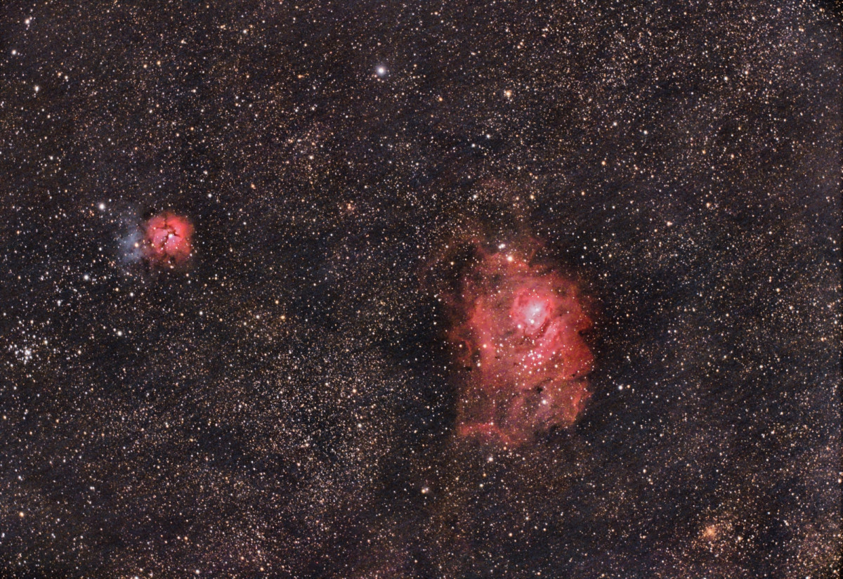 M8 + M20 Weitfeld; 124x20 sec; 80mm APO bei 384mm; warme Canon 77da; schwacher Baader Skyglow Filter; 14.06.23; nur mit EQ5, da gute AZ EQ6 defekt; viele Hotpixel in M8! unten rechts noch NGC 6544