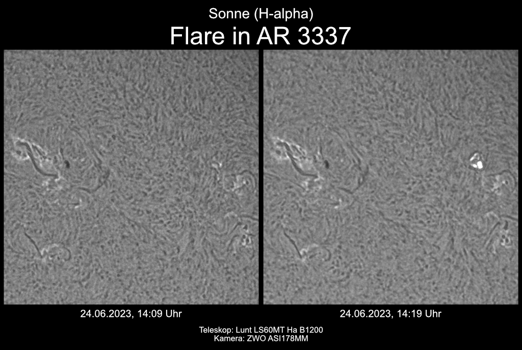 Sonne in H-alpha am 24.06.2023 - Flare in AR 3337