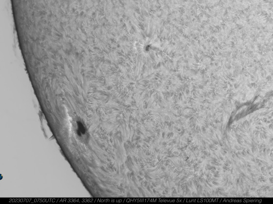 Gigantischer Sonnenfleck in der aktiven Region 3364 am Südostran der Sonne vom 7. Juli 2023