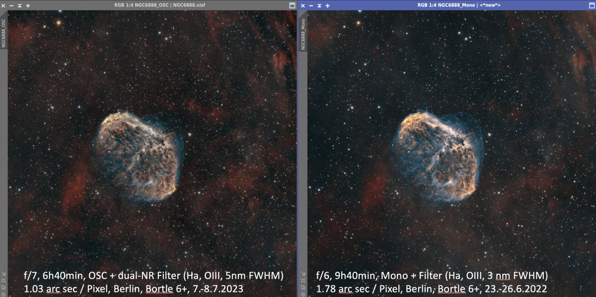 NGC6888 OSC + dual narrowband vs. Mono HOO