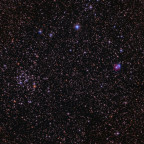 Sternhaufen M50 und rechts Reflex.-Nebel vdb 87 in Monoceros vom 25.02.23: nur 46x1 min mit 6" f/3 Newton u. Canon 77da; kurz danach: Himmel zu und es fing sofort an zu schneien, Instrumente verschneit;